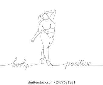 body positive woman one line art. Continuous line drawing of body positive, overweight, plus size model, XL, health, fashion, self acceptance with inscription, lettering, handwritten.