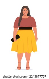 Mujer con cuerpo positivo. Más el tamaño del personaje femenino. Curva atractiva, muchacha con sobrepeso. La obesidad sobredimensionada, una dama bastante grande con una hermosa ropa de moda. Ilustración del vector