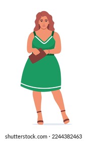 Body positive woman. Plus size female character. Attractive curvy, overweight girl. Oversize obesity, pretty large lady in beautiful fashionable clothes. Vector illustration