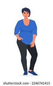 Body positive woman. Plus size female character. Attractive curvy, overweight girl. Oversize obesity, pretty large lady in beautiful fashionable clothes. Vector illustration