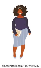 Body positive woman portrait. Portrait of a full length African American woman, plus size woman. Happy business woman, cute student. Flat design hand drawn icon. 