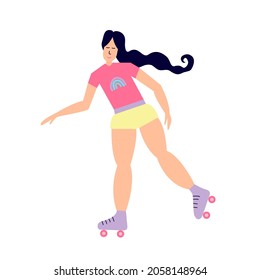 Body positive woman roller skating. Retro roller skates, fashion illustration.
