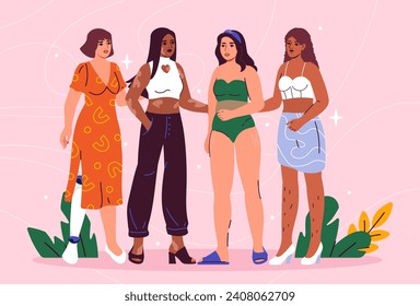 Body positive woman set. Beautiful young girs with different clothes and skin. Self love and acceptance. Good emotions. Cartoon flat vector collection isolated on pink background
