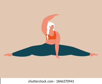 Mujer con cuerpo positivo sentada y estirando. Hermosa chica elegante y de tamaño haciendo las divisiones. Estilo de vida activo saludable, manteniendo el concepto de ajuste. Ilustración vectorial plana aislada con carácter femenino