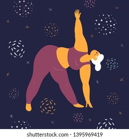 Body positive woman is stretching. Plus size model makes asana in the space. Young girl bent down to her legs.  Zen relaxation. How to do yoga exercise utthita trikonasana. Flat vector illustration