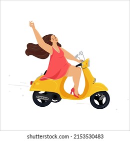 Body positive woman travels on a motorcycle. Full joyful girl rides a scooter. Cartoon character. Flat vector illustration.