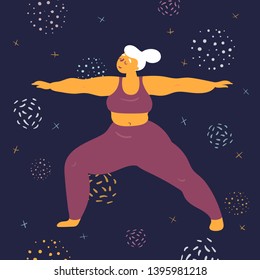 Body positive woman in warrior virabhadrasana asana yoga pose. Plus size model makes asana in the space. Young girl stands firmly on both legs.  Zen relaxation. How to do certain exercise. Flat vector