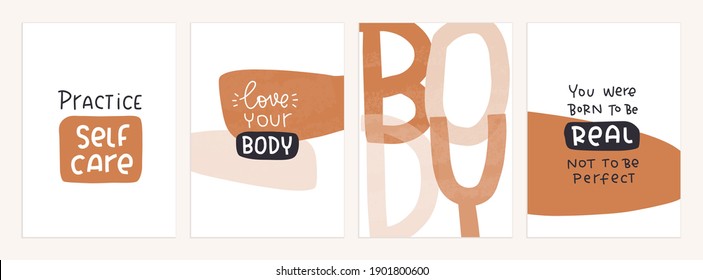 Body positive, woman wellness and happiness psychology support quote set. Vector hand lettering for use as poster or wall art in anorexia treatment center. Acception of a female physical condition. 