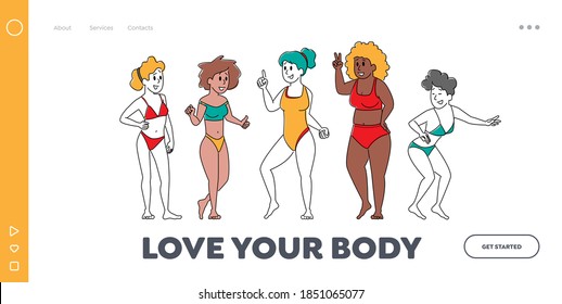 Body Positive Women Diversity Landing Page Template. Happy Multiracial, Multicultural Girl Characters Of Different Ages, Size And Ethnicity Stand In Row In Swim Suit. Linear People Vector Illustration