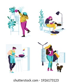 Body Positive Women Female Characters spend  Nap Time Set. Different races Irrigation a Plant, Cooking, Reading a Book with cat, Walking with a Dog.  Cartoon Flat Vector Illustration 