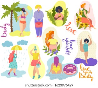 Body positive women, set of flat style stickers, vector illustration. Isolated icons and lettering, love your body. Overweight female cartoon characters, feminism concept. Woman body acceptance
