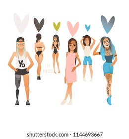 Body positive women set. young female characters with vitiligo skin disease, leg prosthesis handicap, tattoo all the body, cellulitis excessive hair on legs, armpit with heart icons above head Vector