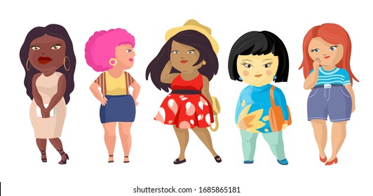 Ilustración vectorial de mujeres positivas al cuerpo. Además de las niñas personajes de dibujos animados de diferentes nacionalidades. Africanas, asiáticas, europeas, latina chicas muy sonrientes