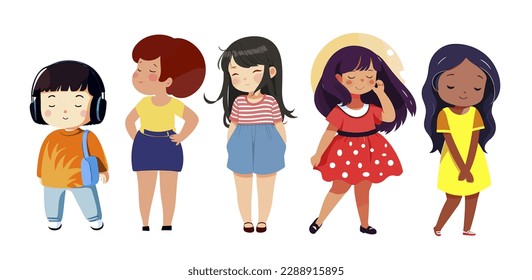 Body positive women vector illustration. Plus size girls cartoon characters of different nationalities. African, asian, european, latina beautiful smiling girls