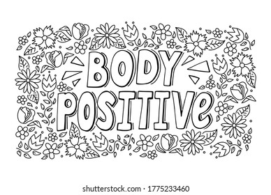Body Positive word with floral pattern in doodle sketch style vector illustration