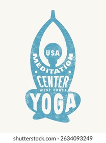 Body positive yoga class emblem. Graphic design with typographic and silhouettes of girl in asana. Color print on white background
