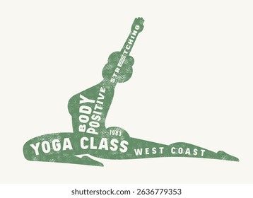 Body positive yoga class emblem. Graphic design with typographic and silhouettes of girl in asana. Color print on white background
