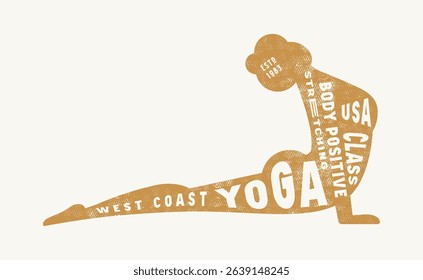 Body positive yoga class emblem. Graphic design with typographic and silhouettes of girl in asana. Color print on white background