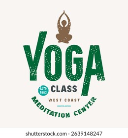 Body positive yoga class emblem. Graphic design with typographic and silhouettes of girl in asana. Color print with rough texture on white background