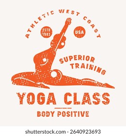 Body positive yoga class emblem. Graphic design with typographic and silhouettes of girl in asana. Orange print with rough texture on white background