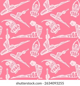 Body positive yoga class seamless pattern. Silhouettes of girls in asanas. Design for your background