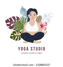 Body positive yoga concept. Plus size woman sitting in front of tropical leaves and flowers. Vector illustration