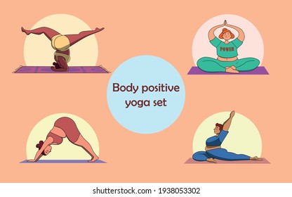 Body Positive Yoga Set Of Girls In Different Asanas With Different (different Nationalities And Races)