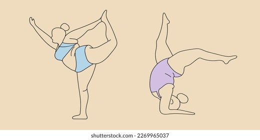 Body positive yoga set of girls in different asanas