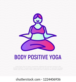 Body positive yoga thin line icon: happy plus size woman in lotus pose. Modern vector illustration.