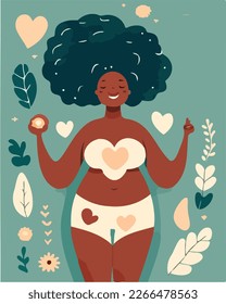 Body positive young african american woman vector concept illustration. Happy plus size female cartoon character. Attractive overweight woman for poster, postcard, banner.