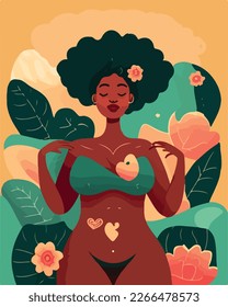 Body positive young african american woman vector concept illustration. Happy plus size female cartoon character. Attractive overweight woman for poster, postcard, banner.