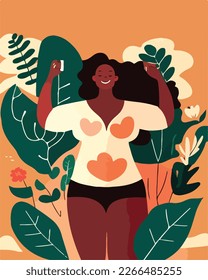 Body positive young african american woman vector concept illustration. Happy plus size female cartoon character. Attractive overweight woman for poster, postcard, banner.