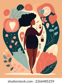 Body positive young african american woman vector concept illustration. Happy plus size female cartoon character. Attractive overweight woman for poster, postcard, banner.