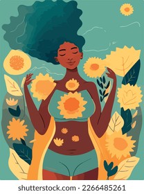 Body positive young african american woman vector concept illustration. Happy plus size female cartoon character. Attractive overweight woman for poster, postcard, banner.