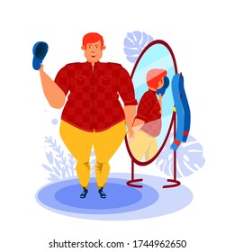 Body positive. A young overweight man tries on clothes. Going on a date. Reflection in the mirror. The boy is happy with his appearance. White background.