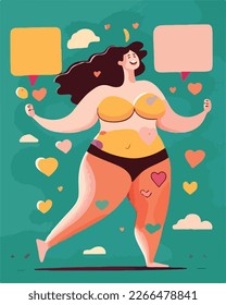 Body positive young woman vector concept illustration. Happy plus size female cartoon character. Attractive overweight woman for poster, postcard, banner.