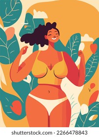 Body positive young woman vector concept illustration. Happy plus size female cartoon character. Attractive overweight woman for poster, postcard, banner.