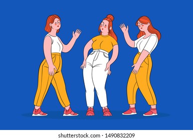 Body positive young womens on blue background stock vector illustration. Happy fat womens.