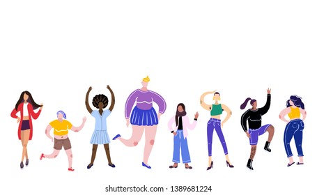 Body positivity concept. All bodies are good bodies. Vector illustration. Group of women of different races and physiques.