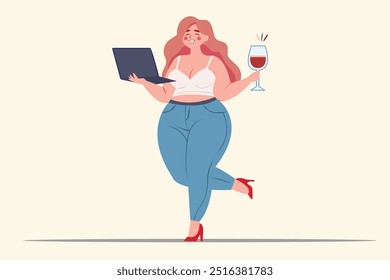 Concepto de positividad corporal. Feliz orgullosa mujer de negocios con sobrepeso que sostiene la computadora portátil, copa de vino. Revisión de productos, comunicación comercial