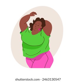 Concepto de positividad corporal. Mujer hermosa negra regordeta y feliz en ropa brillante de talla grande está bailando y disfrutando de su cuerpo. Ámate a ti mismo Ilustración vectorial. No.