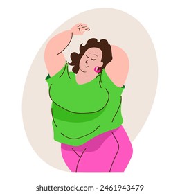 Concepto de positividad corporal. Mujer muy regordeta y feliz en ropa brillante de talla grande está bailando y disfrutando de su cuerpo. Ámate a ti mismo Ilustración vectorial. No.