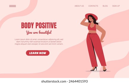 Body positivity concept. Woman in red suit and hat. Self confidence and love. Positive feelings and emotions, mental health. Landing page or webpage template. Flat vector illustration