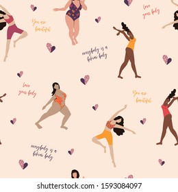 Body Positivity, Feminism vector illustration pattern.Love yourself, female freedom, girl power art.