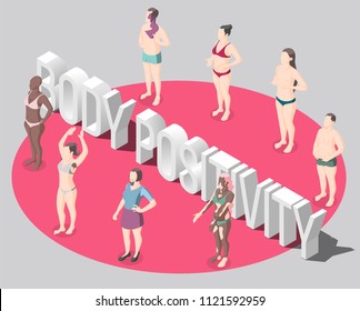 Body positivity isometric poster with people standing in red round dressed in swimsuits not hiding features of body vector illustration 