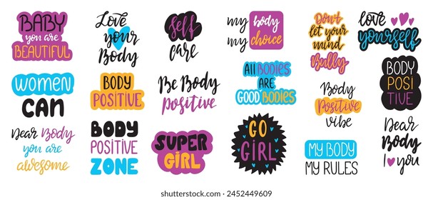 Letras de positividad corporal. Citas femeninas, frases escritas a mano motivadoras feministas. Tipografía colección, eslóganes y pegatinas conjunto de Vector neoteric