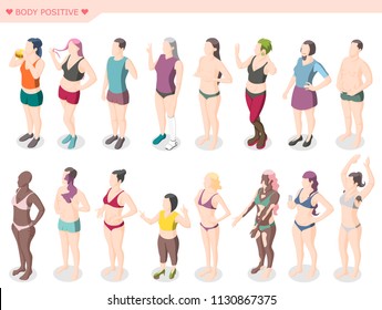 Body positivity movement and figure  diversity set of male and female characters dressed in swimsuits standing in row isometric vector illustration 