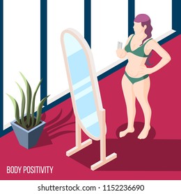 Body positivity movement isometric background with woman in bikini standing at mirror and holding smartphone with camera for selfie vector illustration 