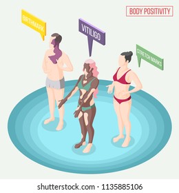 Body positivity movement isometric composition with people in underwear demonstrating their skin problems vector illustration 