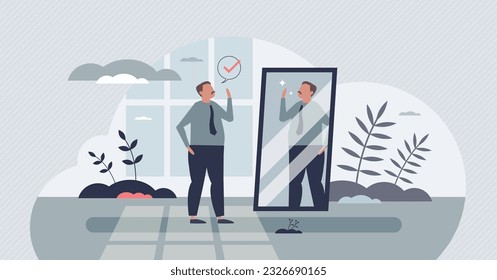 Body positivity and self acceptance for figure attitude tiny person concept. Healthy mental ego for wellness and confidence vector illustration. Happy male about figure and look while mirror posing.